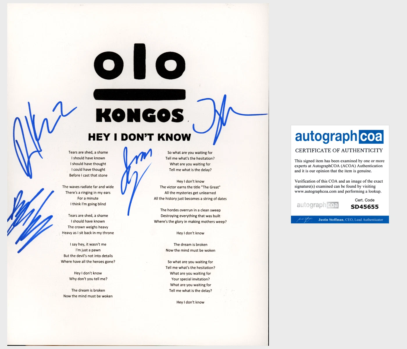 THE KONGOS SIGNED AUTOGRAPH HEY I DON'T KNOW LYRIC SHEET w/PROOF LYRICS
