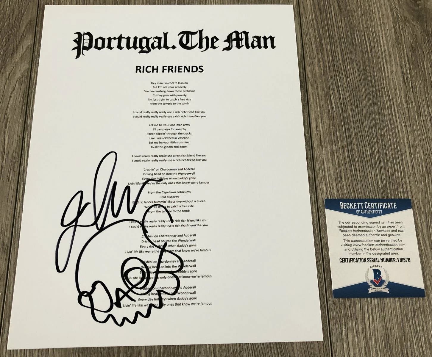 JOHN GOURLEY SIGNED PORTUGAL THE MAN RICH FRIENDS LYRICS SHEET w/EXACT PROOF COA
