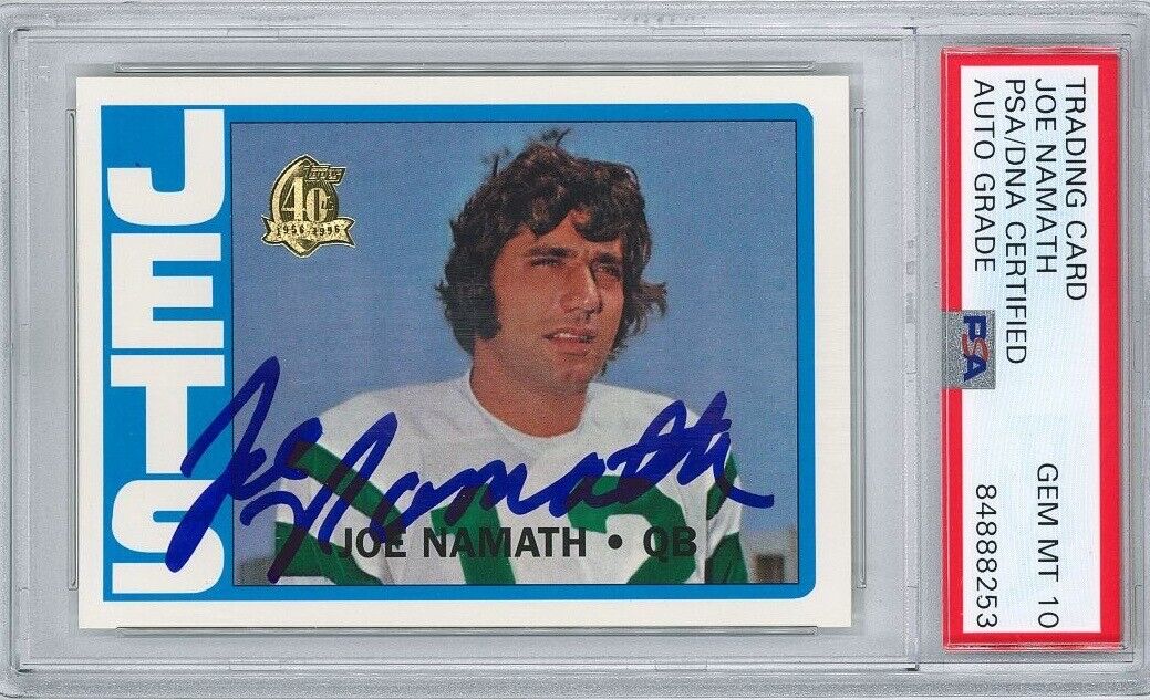 JOE NAMATH SIGNED 1972 TOPPS REPRINT TRADING CARD PSA 84888253 GEM MINT 10 AUTO
