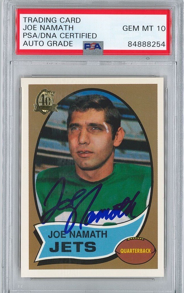 JOE NAMATH SIGNED 1970 TOPPS REPRINT TRADING CARD PSA 84888254 GEM MINT 10 AUTO
