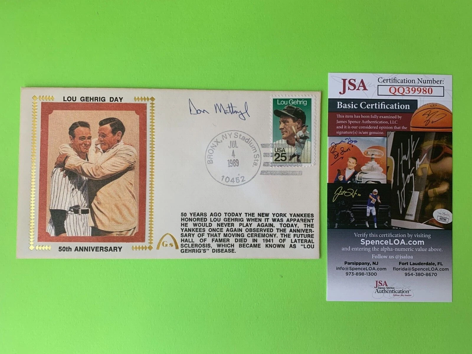 Don Mattingly Yankees Cachet Envelope First Day Cover Signed Auto JSA COA
