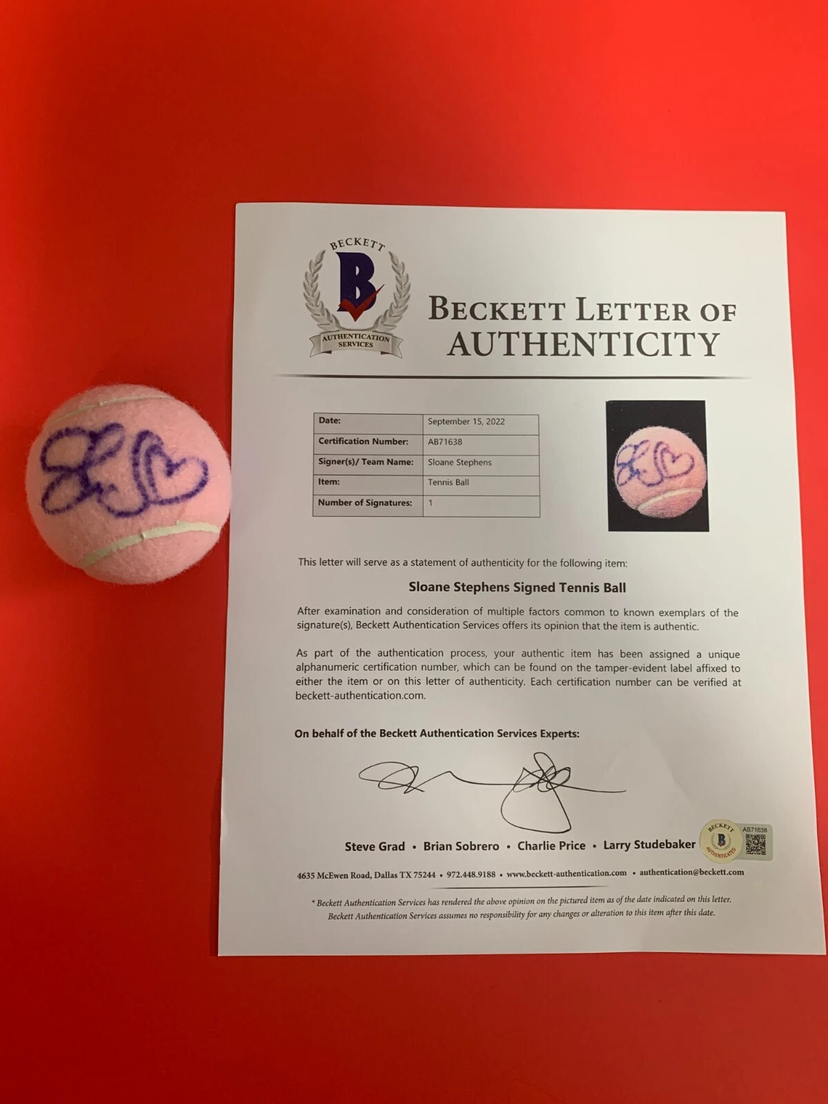 Sloane Stephens Wilson Pink Tennis Ball Signed Auto Beckett BAS LOA Letter COA
