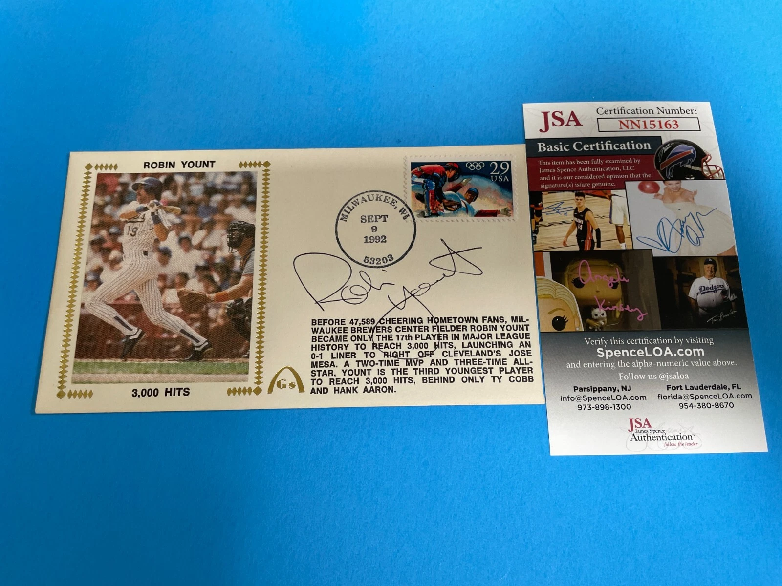 Robin Yount Brewers 3000 Cachet Envelope First Day Cover Signed Auto JSA COA
