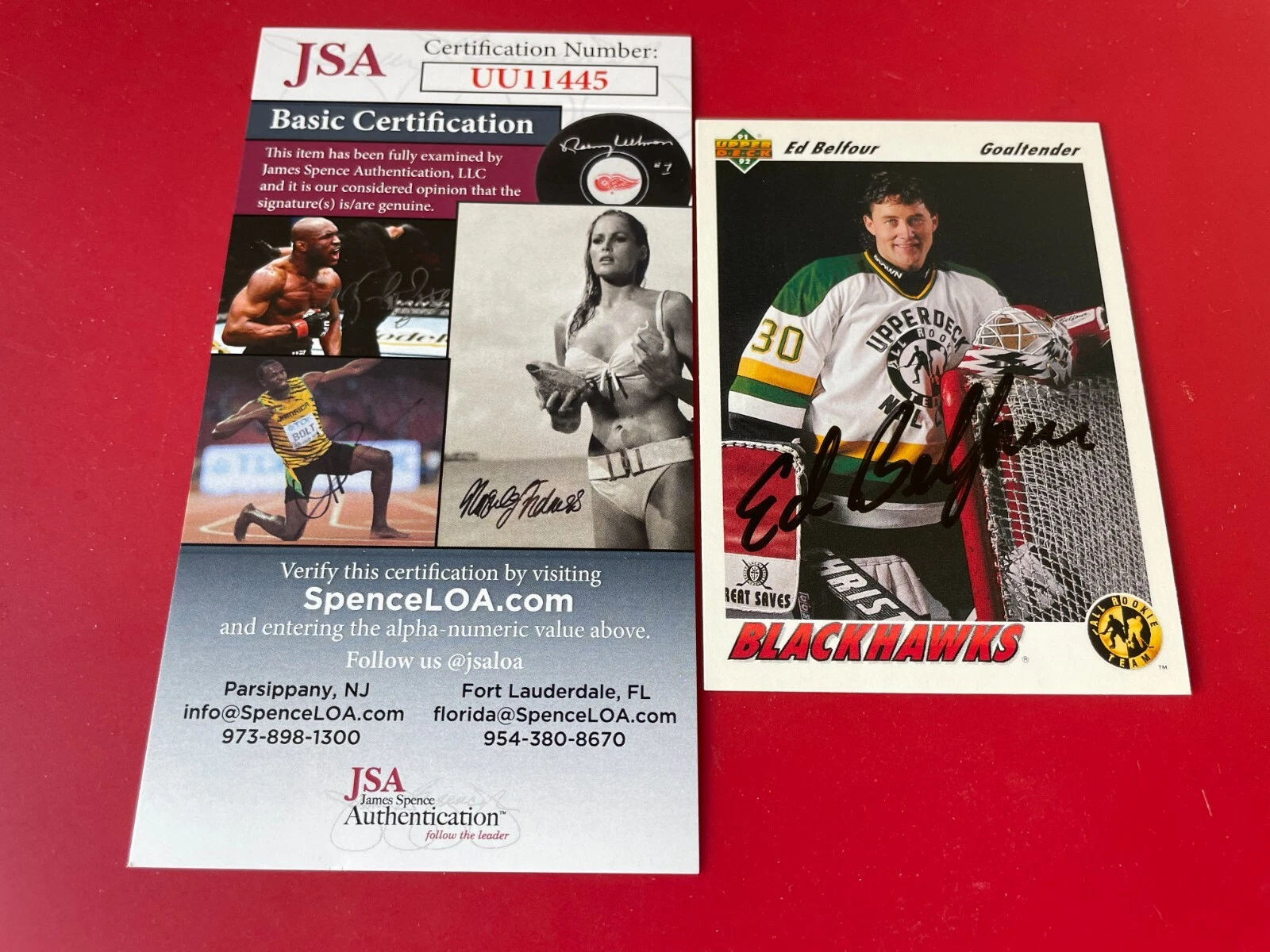 Ed Belfour Blackhawks HOF 1991-92 Upper Deck UD Card Signed Auto JSA COA
