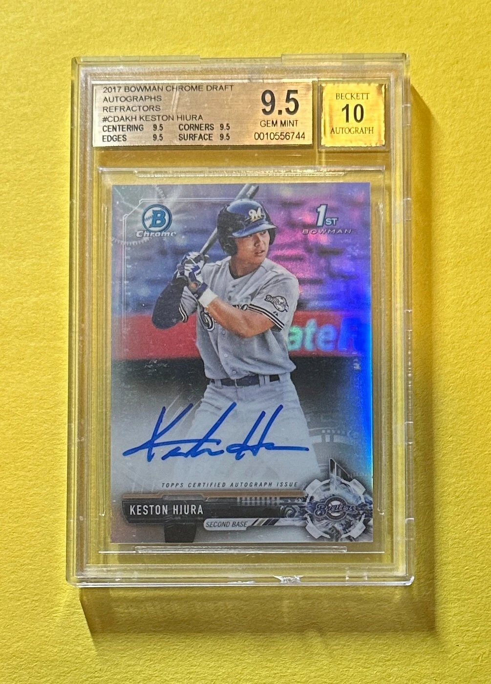 2017 BOWMAN DRAFT KESTON HIURA REFRACTOR AUTO BGS GEM MT 9.5 /499 #CDAKH BREWERS
