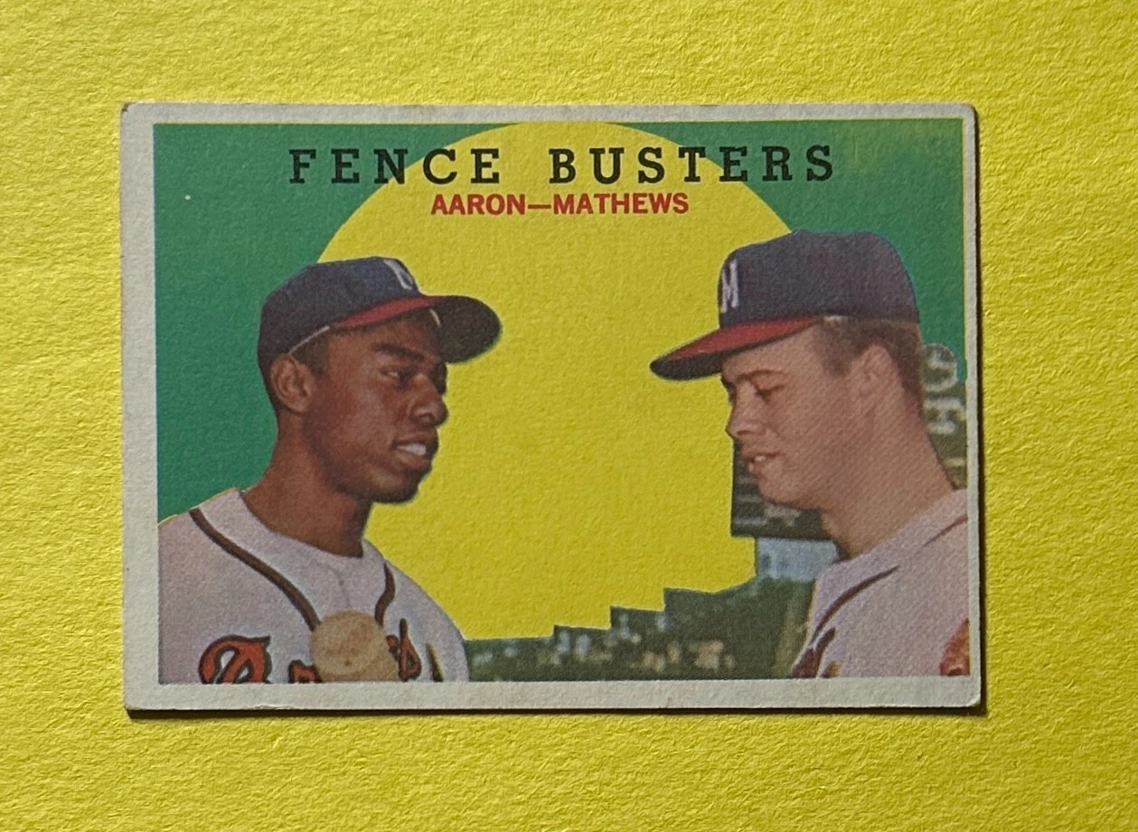 1959 TOPPS FENCE BUSTERS HANK AARON ED MATHEWS #212 BRAVES HOF
