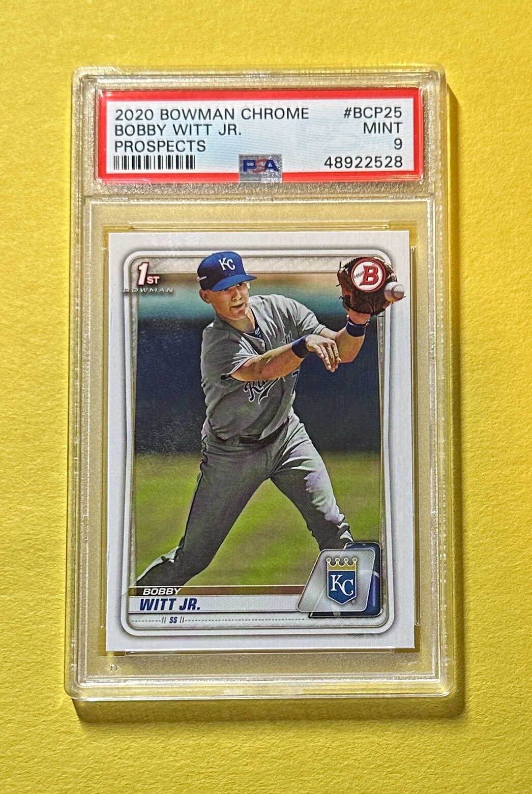 2020 BOWMAN CHROME BOBBY WITT JR. 1ST BOWMAN #BCP25 PSA MINT 9 ROYALS
