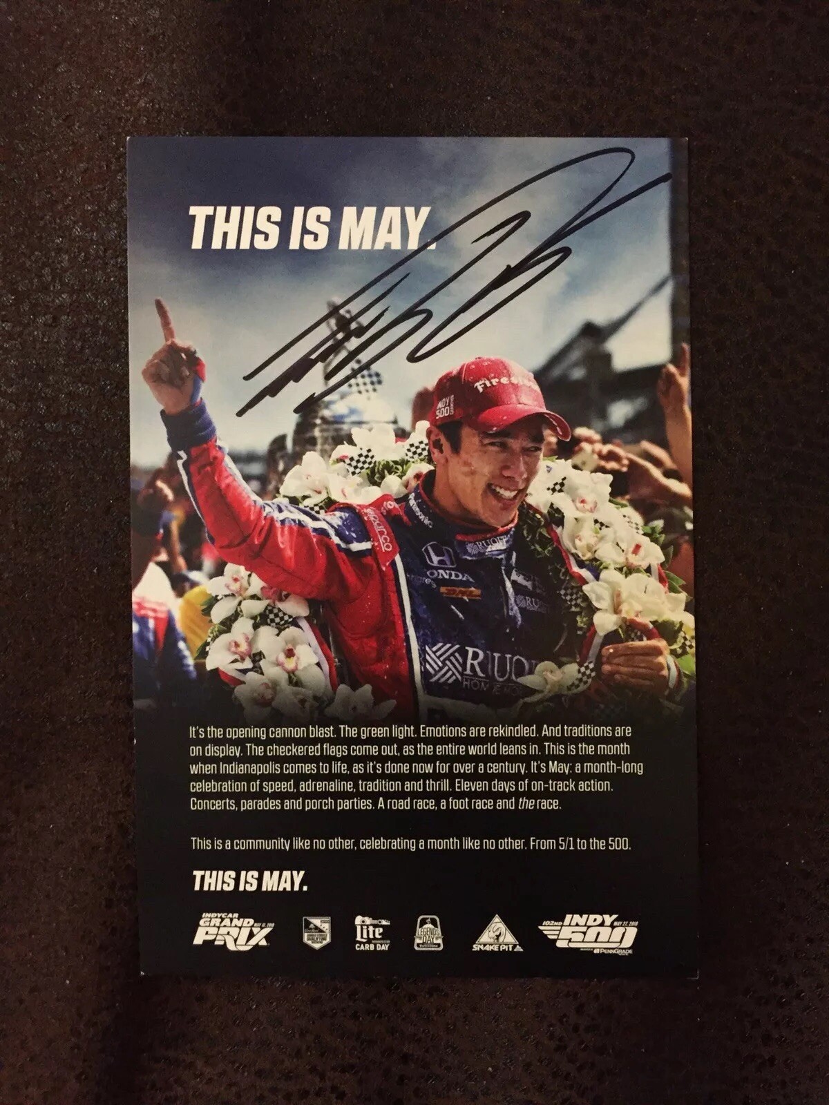 Takuma Sato Signed 2018 Indy Car Small Handout 2017 Indianapolis 500 Winner
