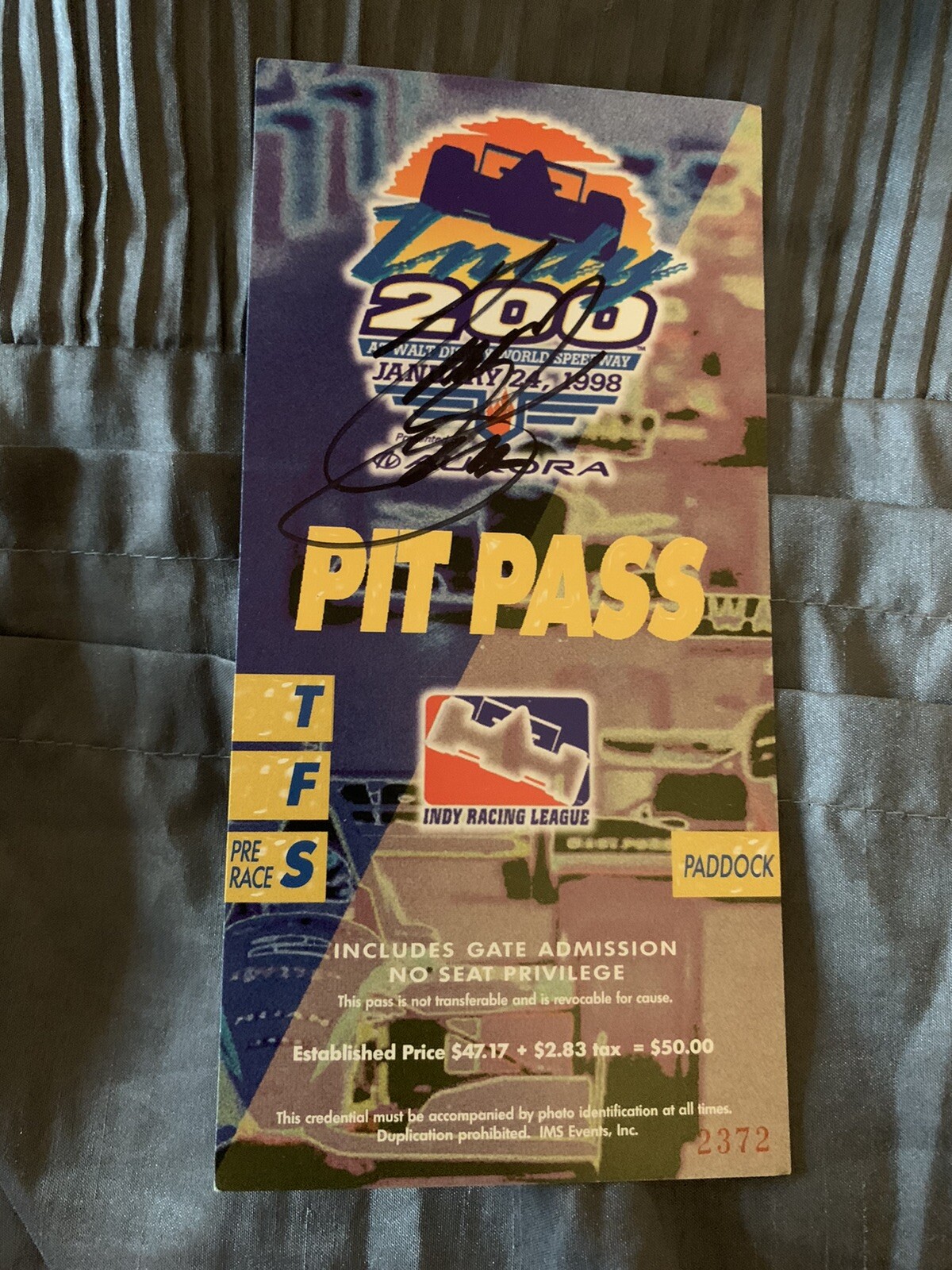 1998 WINNER TONY STEWART SIGNED TICKET STUB INDY CAR RACING IRL WALT DISNEY 200 COLLECTIBLE MEMORABILIA