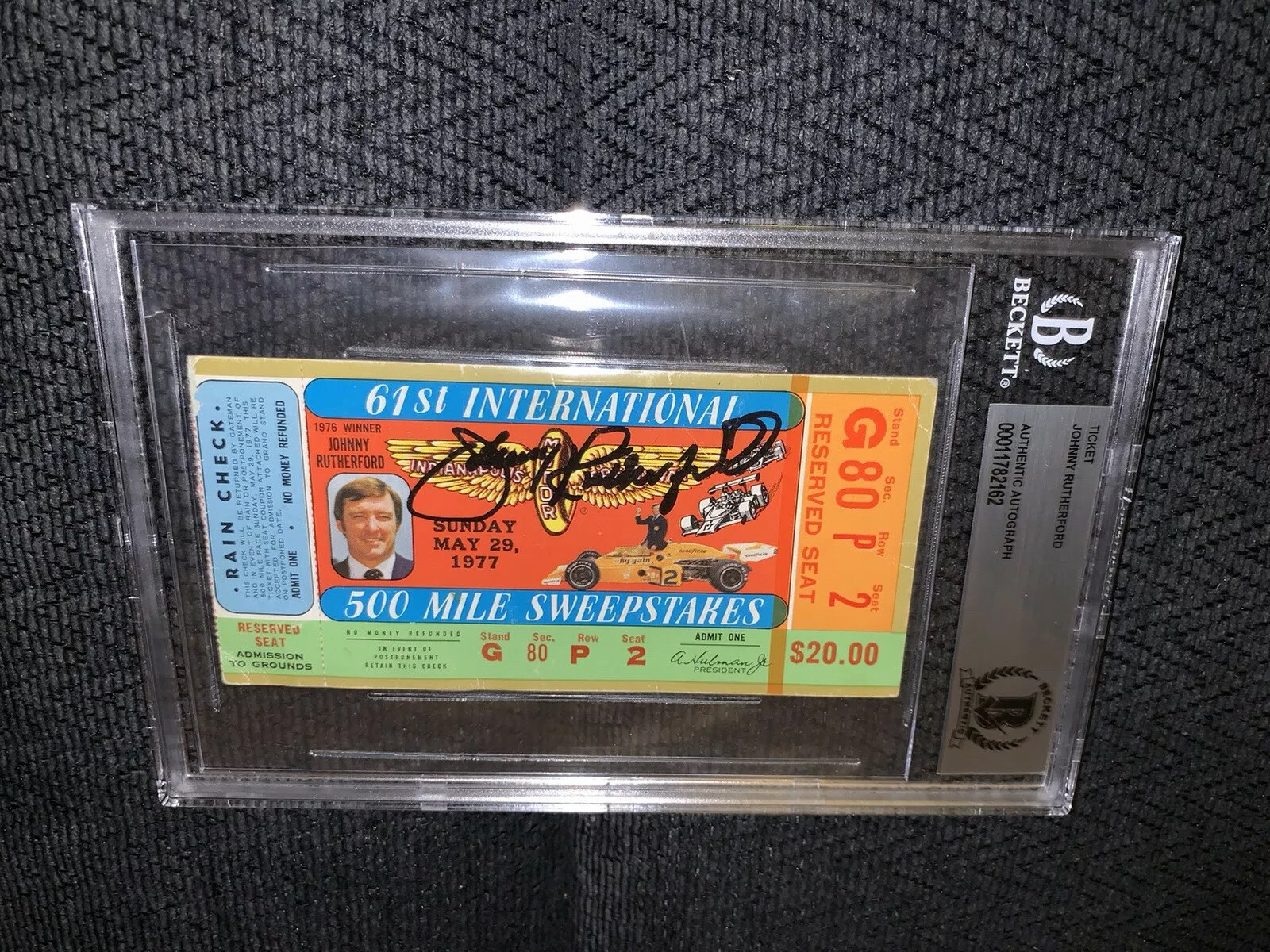 Johnny Rutherford BAS Beckett Authenticated Signed 1977 Indy 500 Ticket 1976 Win
