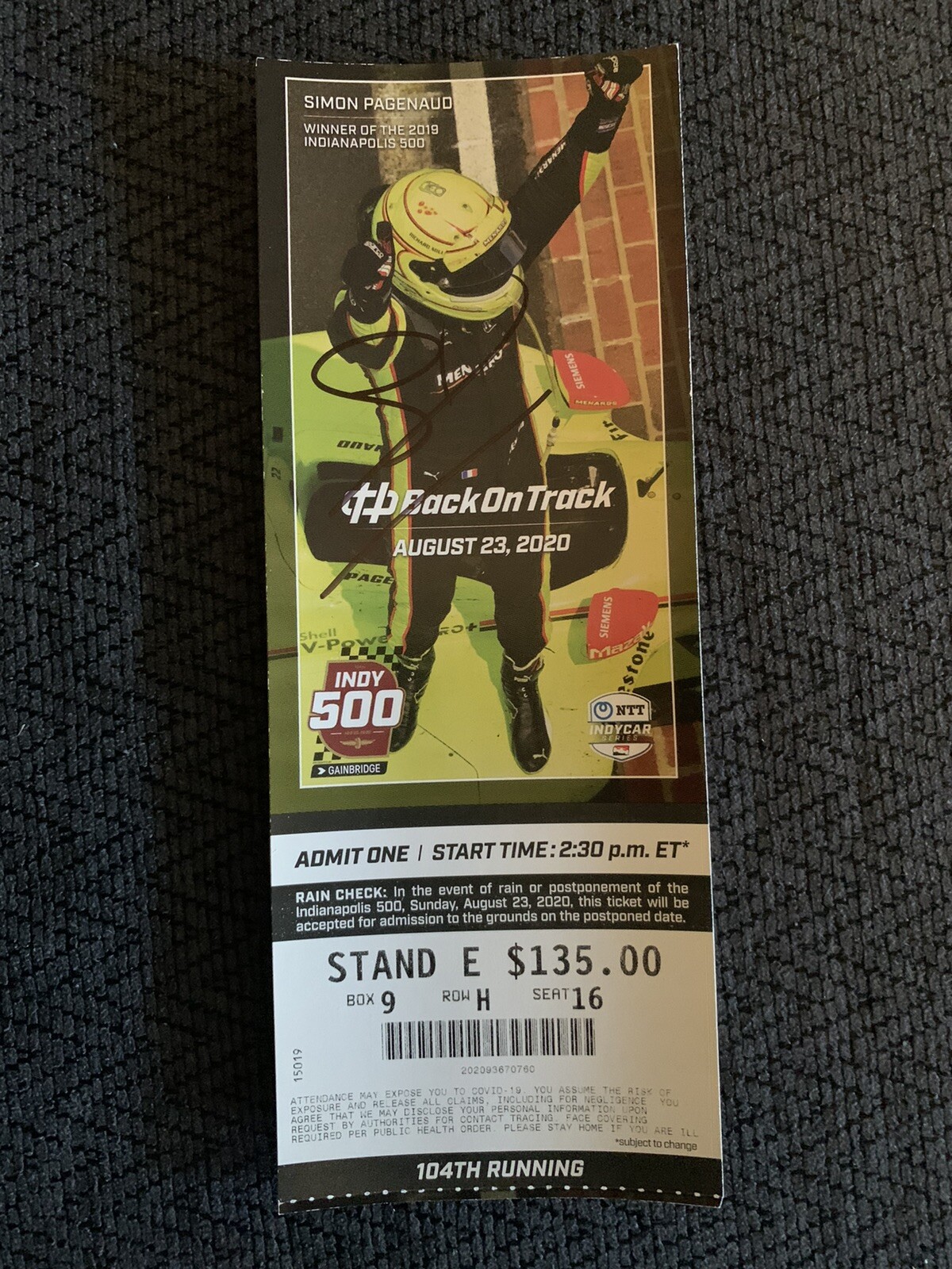 2020 Indy 500 Simon Pagenaud Signed Ticket Stub (2019 Winner) August Version
