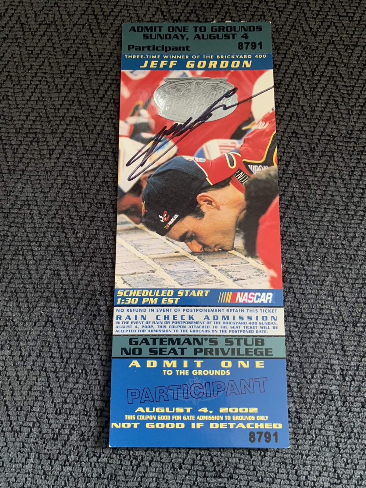 2001 Brickyard 400 Winner Jeff Gordon Signed Ticket Stub 2002 Race NASCAR
