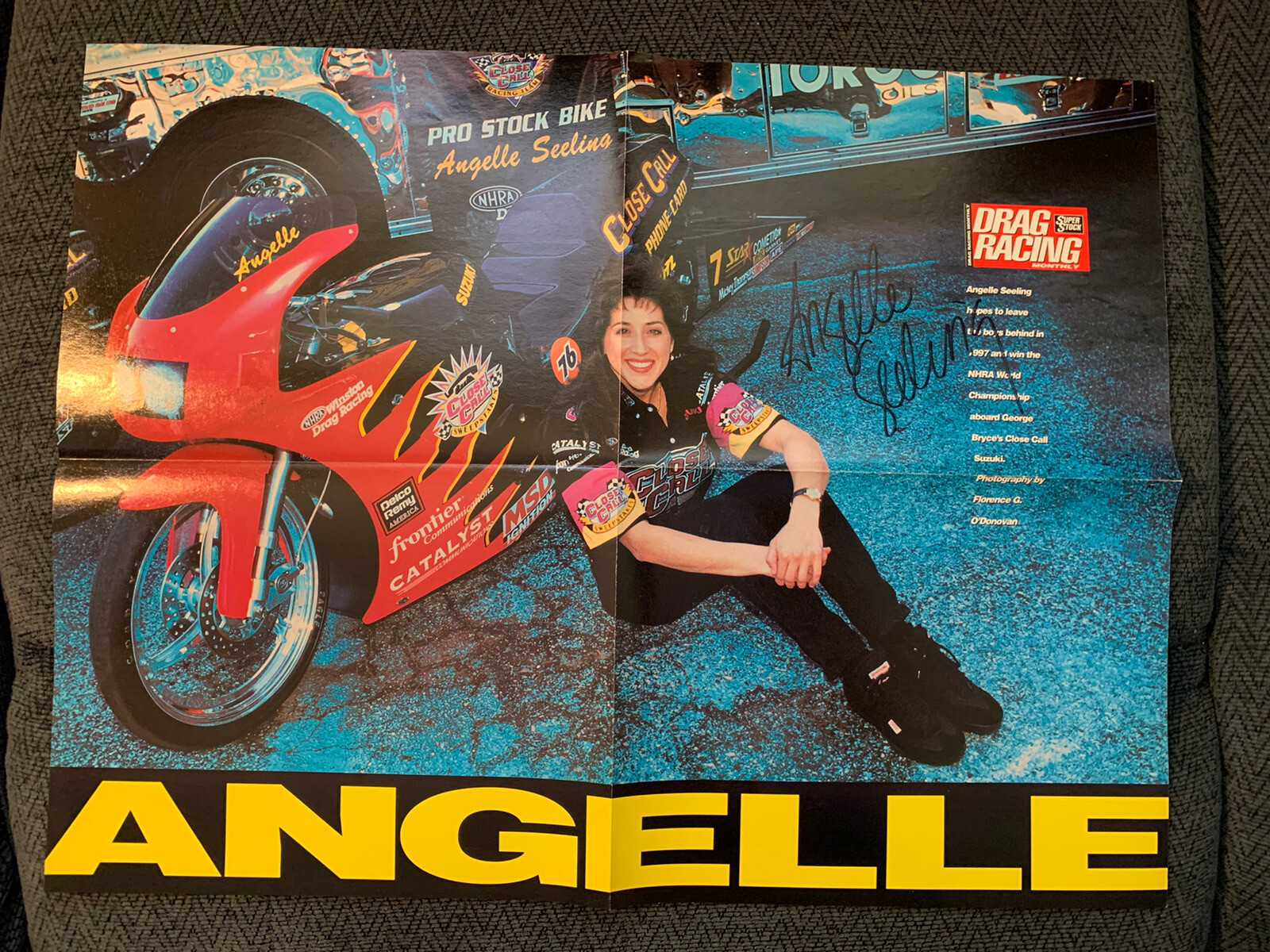 NHRA Legend Angelle Sampey Signed Drag Racing Fold Out Poster Autographed NHRA
