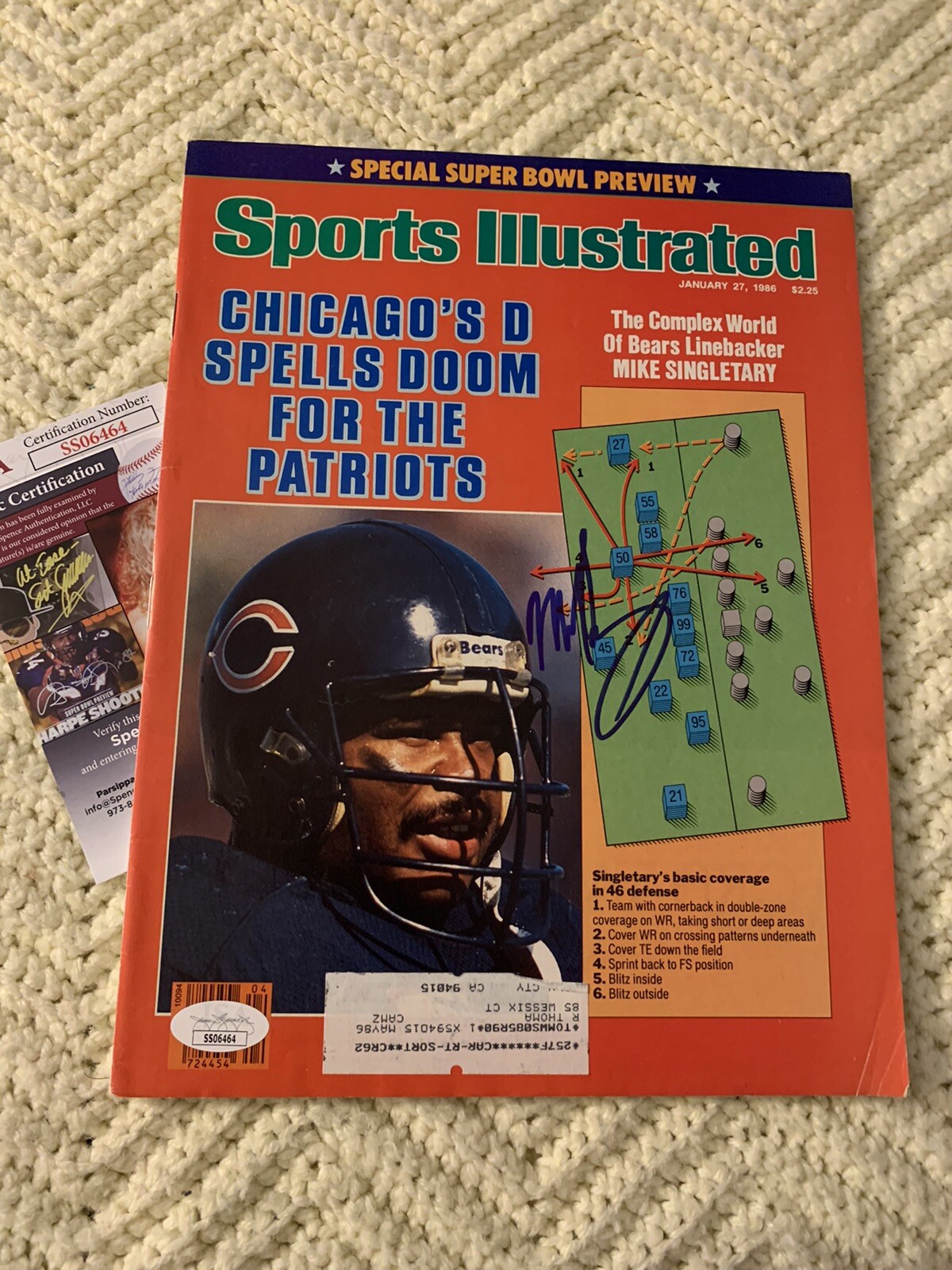 Mike Singletary signed Sports Illustrated JSA Authentication COA
