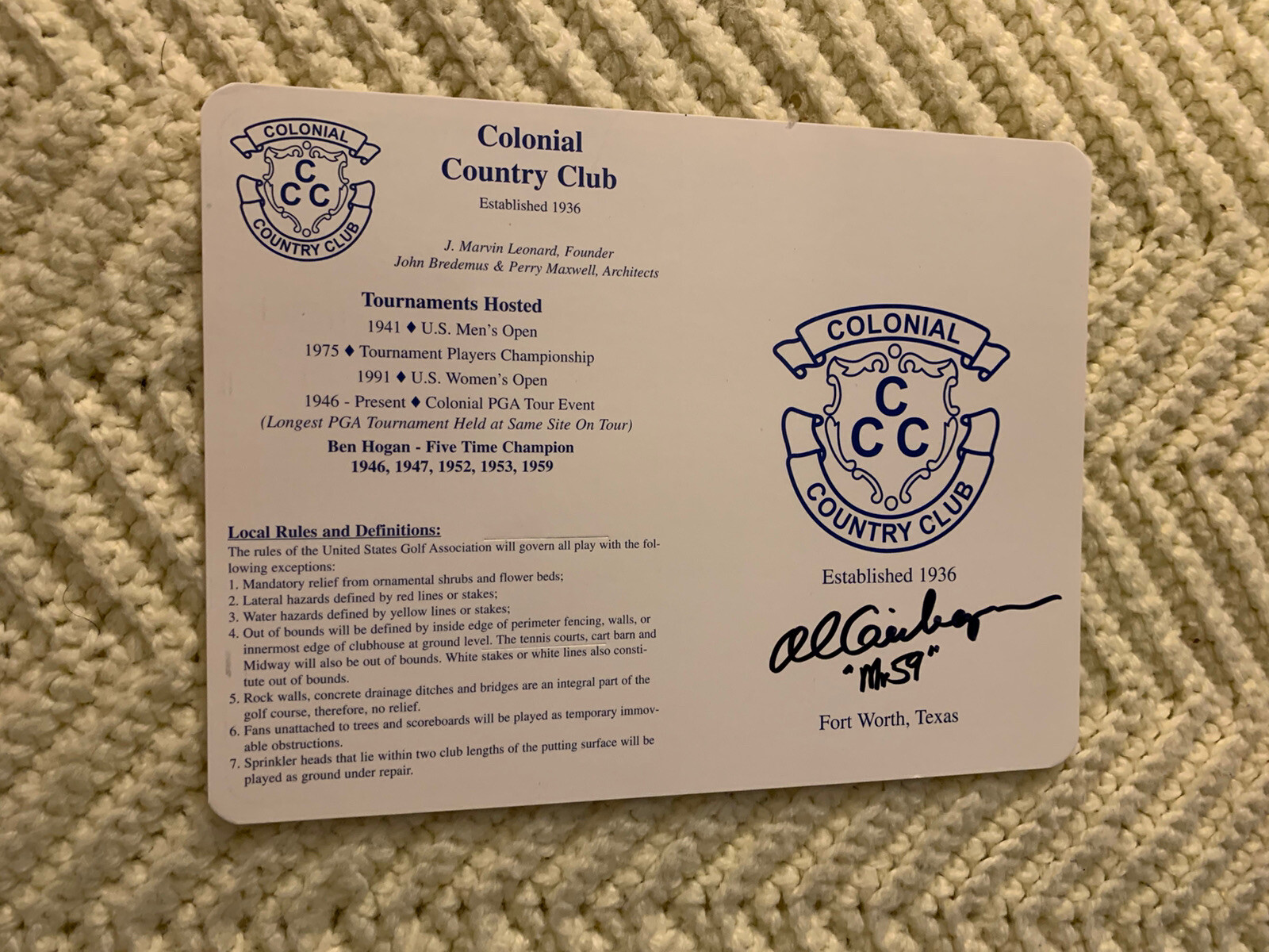 Al Geiberger Signed Colonial Country Club Scorecard Autographed PGA Golf Mr 59

