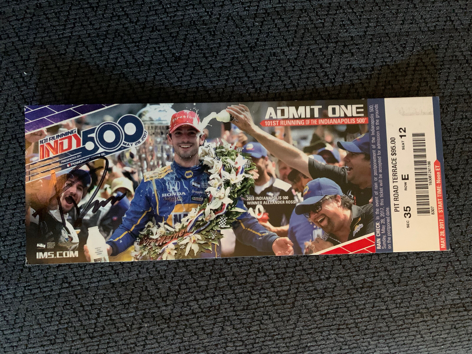 2016 Indy 500 Win Alexander Rossi Signed 2017 Race Ticket Indianapolis Autograph
