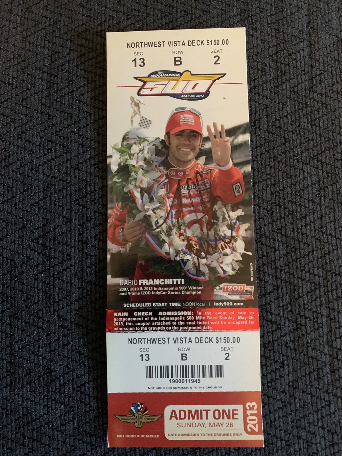 Dario Franchitti (2012 Winner) Signed Indianapolis Indy 500 Ticket 2013 Race
