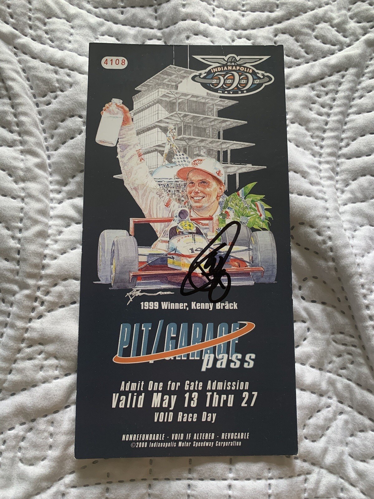 Kenny Brack 1999 Winner Signed Indianapolis Indy 500 Ticket 2000 Race Pit Pass
