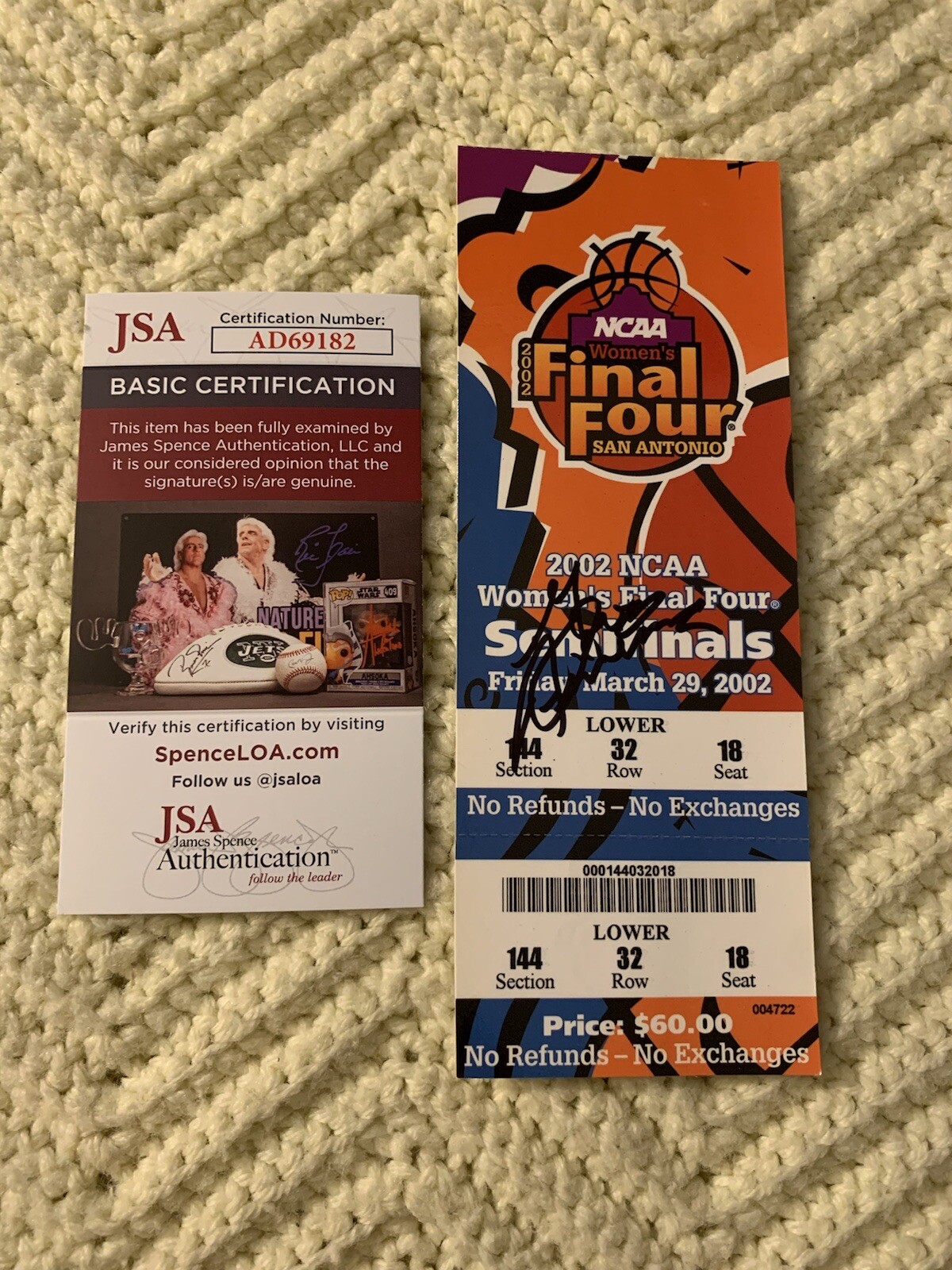 Geno Auriemma Signed 2002 Final Four Semi Final Gm Ticket JSA Authentication COA
