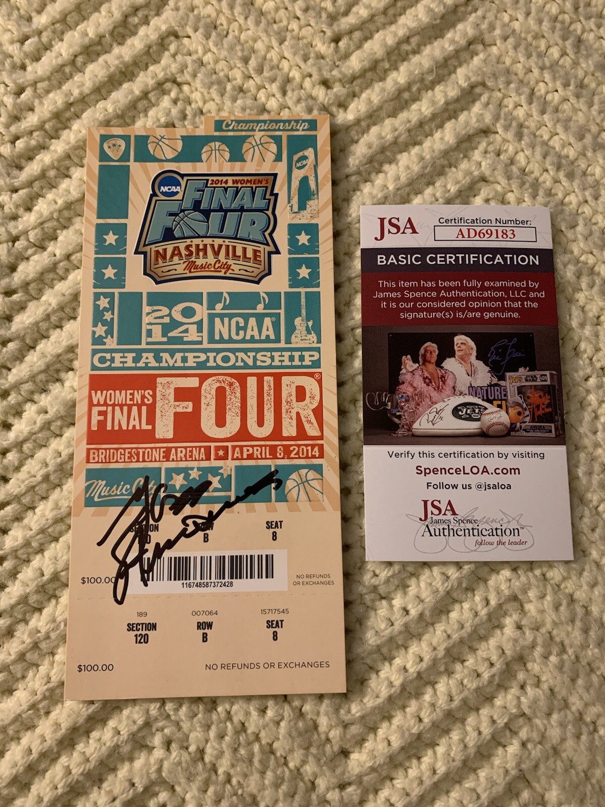 Geno Auriemma Signed 2014 Final Four Champion Gm Ticket JSA Authentication COA
