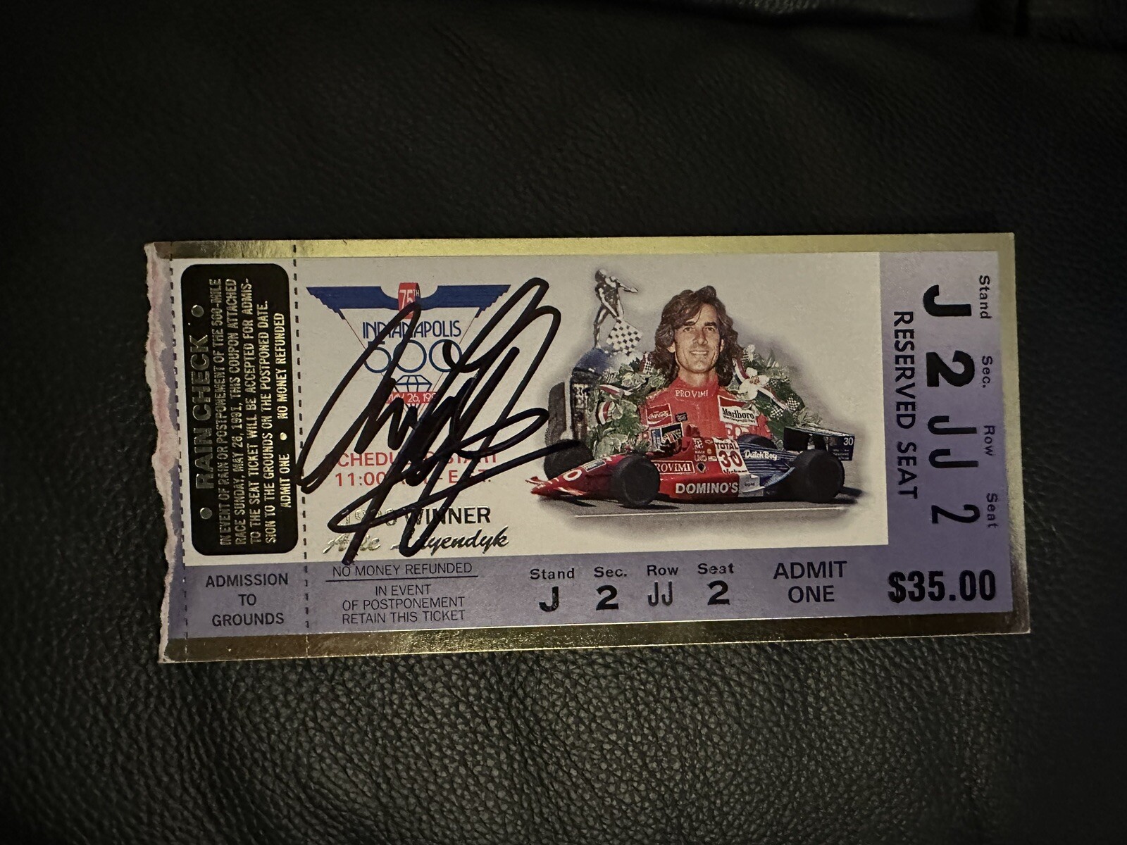 Arie Luyendyk (1990 Winner) Signed Indianapolis Indy 500 Ticket 1991 Race
