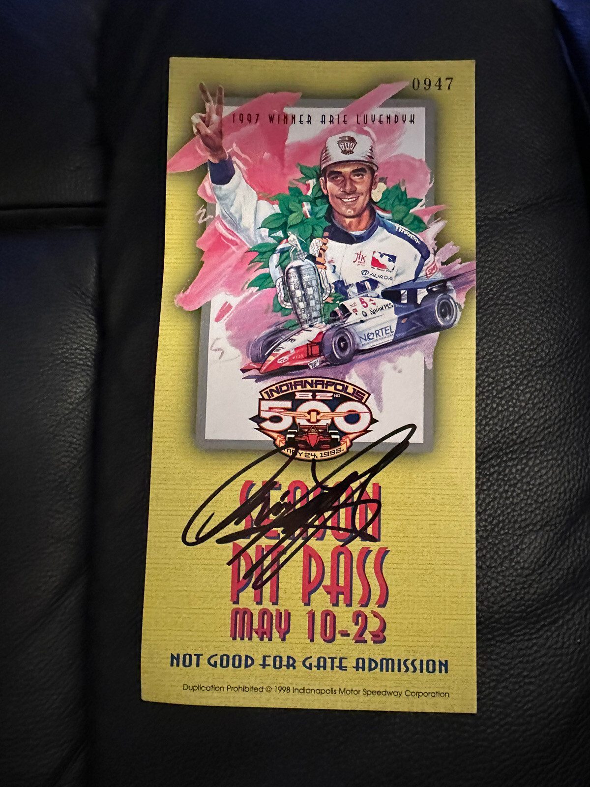 Arie Luyendyk (1997 Winner) Signed Indianapolis Indy 500 1998 Credential Ticket
