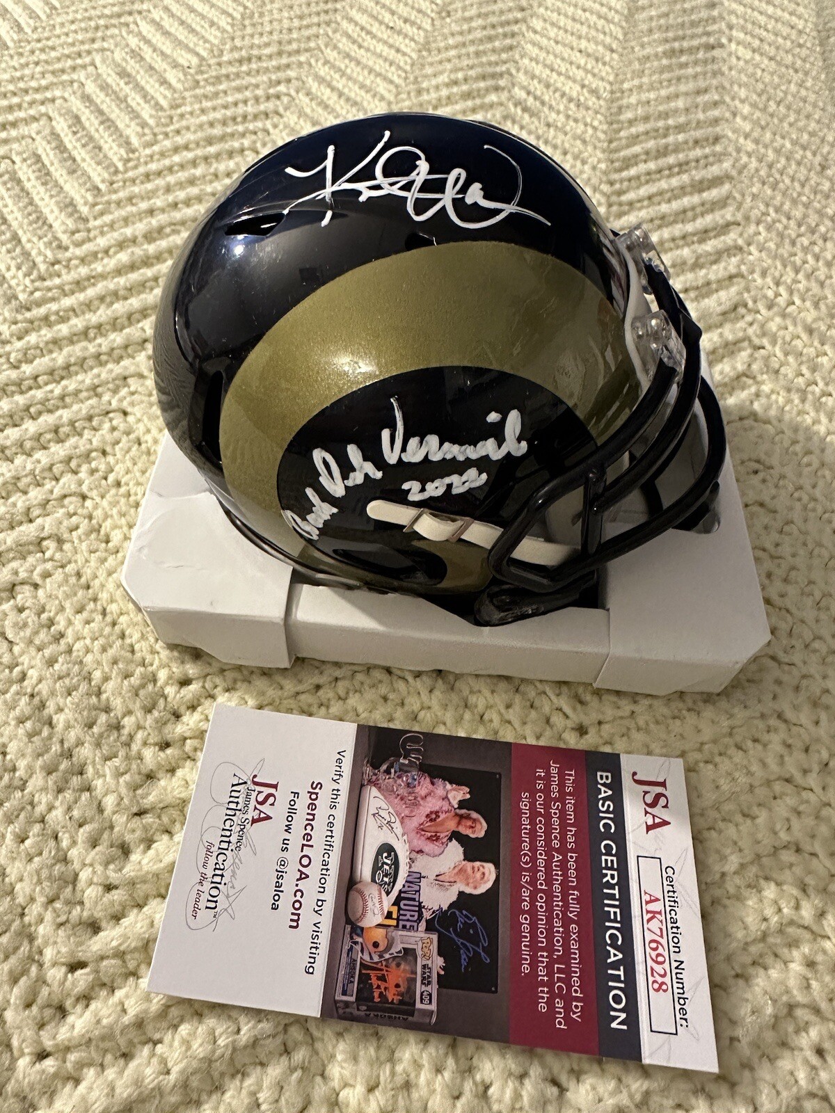 Dick Vermeil Kurt Warner Signed Mini Helmet Rams Autograph JSA Authenticated COA
