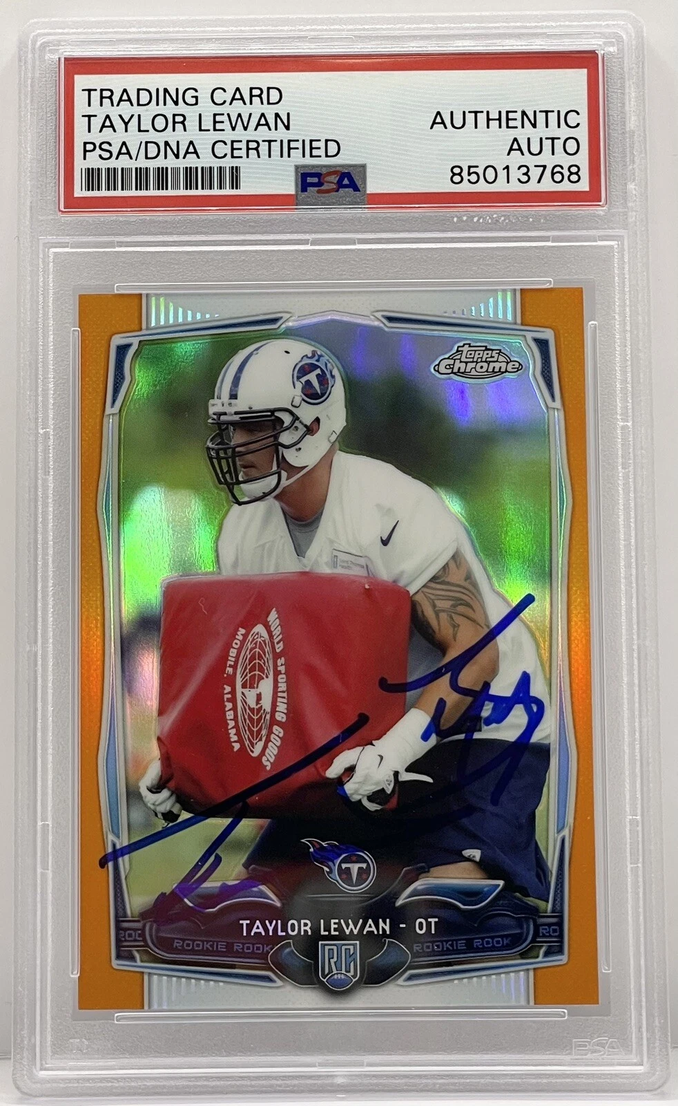 TAYLOR LEWAN SIGNED 2014 TOPPS CHROME REFRACTOR ROOKIE CARD TITANS PSA/DNA SLAB COLLECTIBLE MEMORABILIA