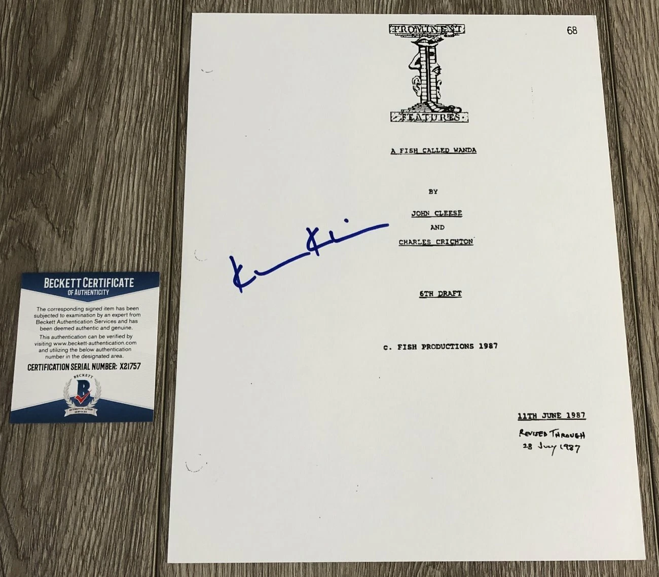 KEVIN KLINE SIGNED A FISH CALLED WANDA SCRIPT w/EXACT PROOF & BECKETT BAS COA
