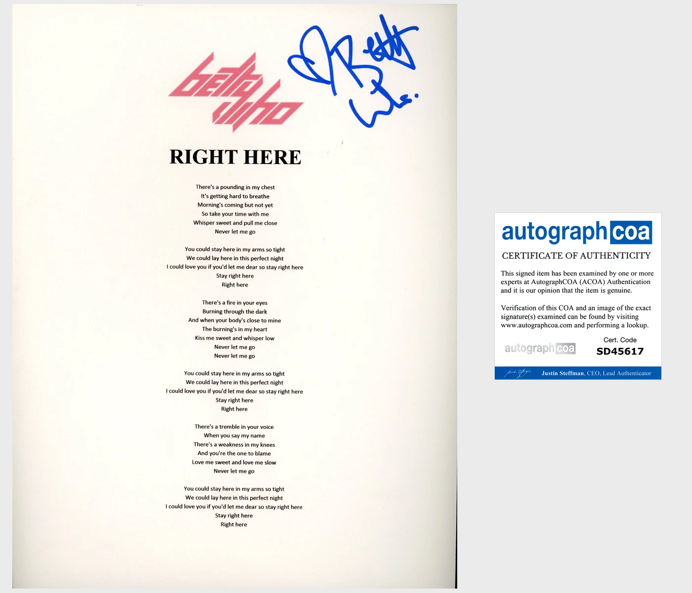 BETTY WHO SIGNED AUTOGRAPH RIGHT HERE LYRIC SHEET w/EXACT VIDEO PROOF

