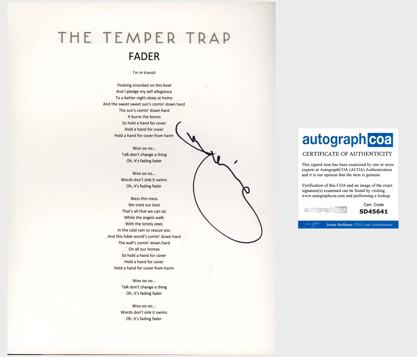 DOUGY MANDAGI SIGNED AUTOGRAPH TEMPER TRAP FADER LYRIC SHEET w/PROOF
