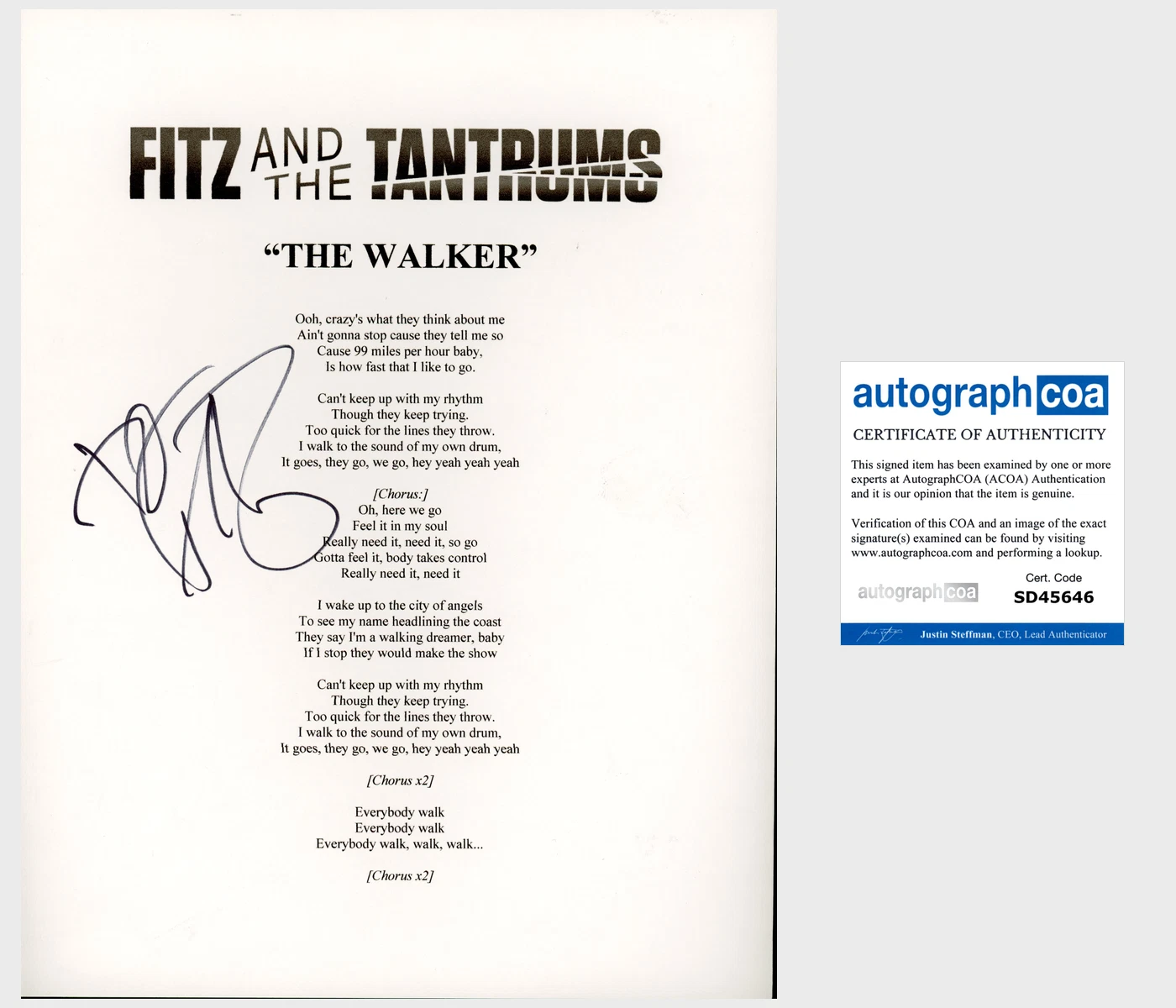 FITZ AND & THE TANTRUMS SIGNED AUTOGRAPH THE WALKER LYRICS SHEET B w/PROOF
