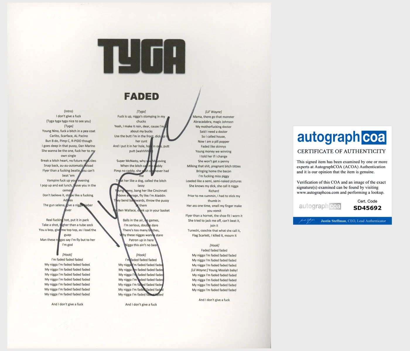 TYGA SIGNED AUTOGRAPH FADED LYRIC LYRICS SHEET YOUNG CASH MONEY Y.M.C.M.B.

