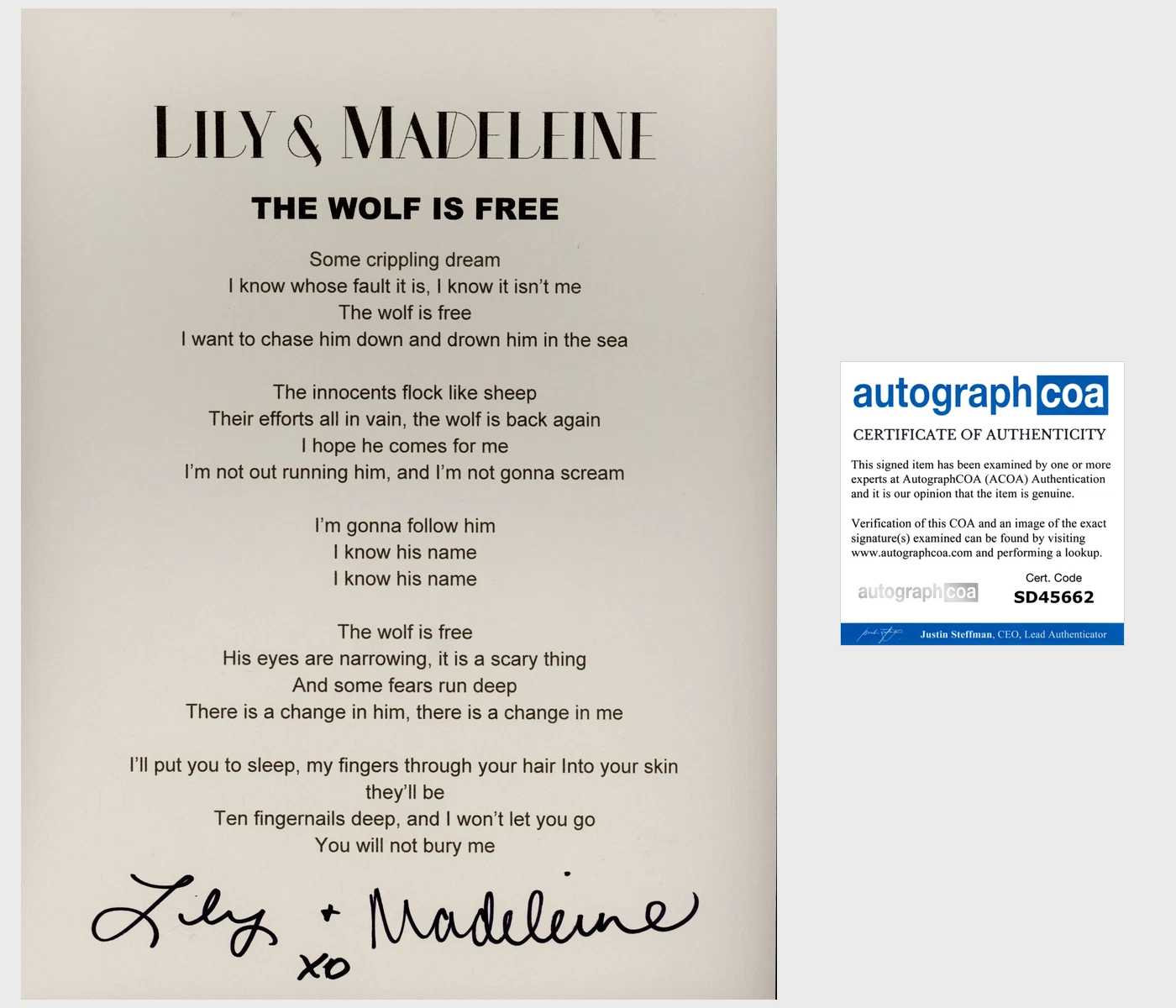 LILY & AND MADELEINE SIGNED AUTOGRAPH THE WOLF IS FREE LYRIC SHEET w/EXACT PROOF
