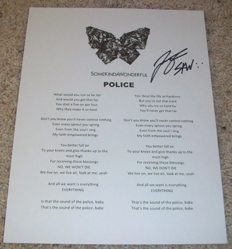 JORDY TOWERS SIGNED AUTOGRAPH SOMEKINDAWONDERFUL POLICE LYRICS SHEET w/PROOF

