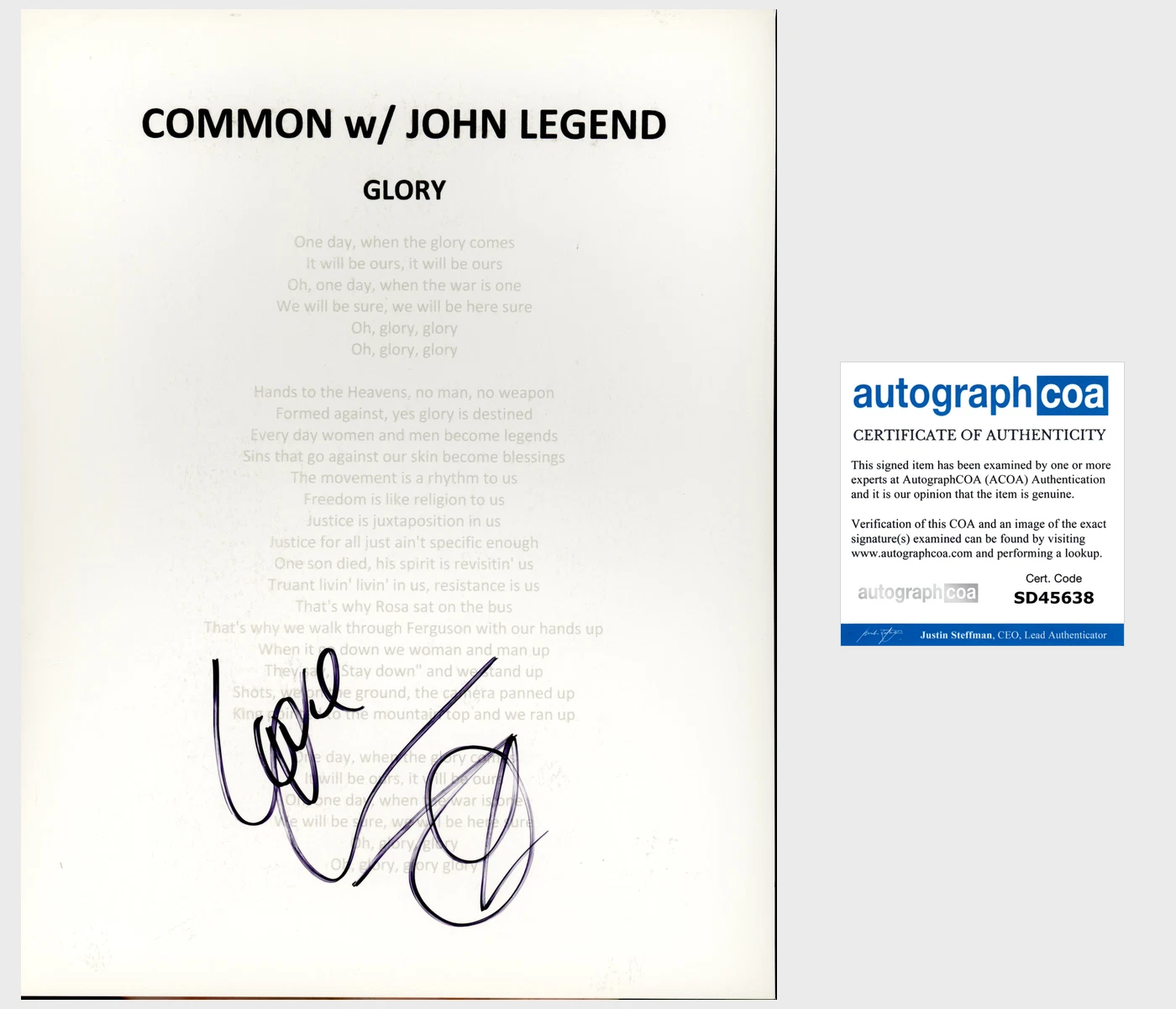 COMMON SIGNED AUTOGRAPH SELMA GLORY LYRIC SHEET W/PROOF OSCAR’S ACADEMY AWARDS COLLECTIBLE MEMORABILIA