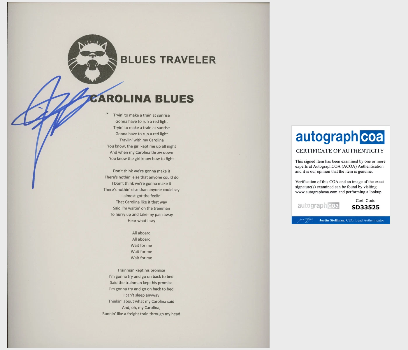 JOHN POPPER BLUES TRAVELER SIGNED CAROLINA BLUES LYRIC SHEET w/EXACT VIDEO PROOF
