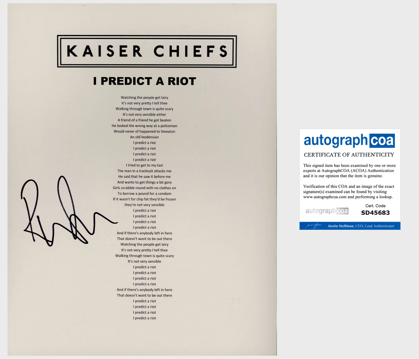 RICKY WILSON SIGNED KAISER CHIEFS I PREDICT A RIOT LYRIC SHEET w/VIDEO PROOF
