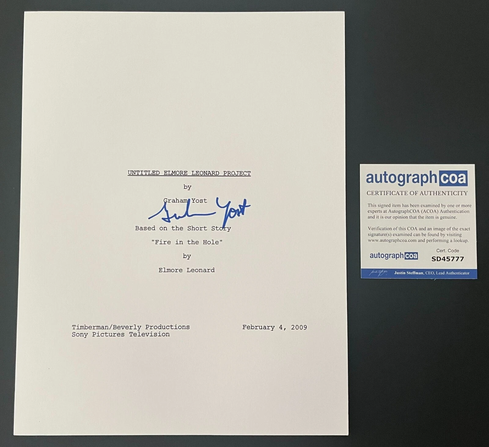 GRAHAM YOST SIGNED AUTOGRAPH JUSTIFIED FULL 66 PAGE PILOT SCRIPT w/PROOF
