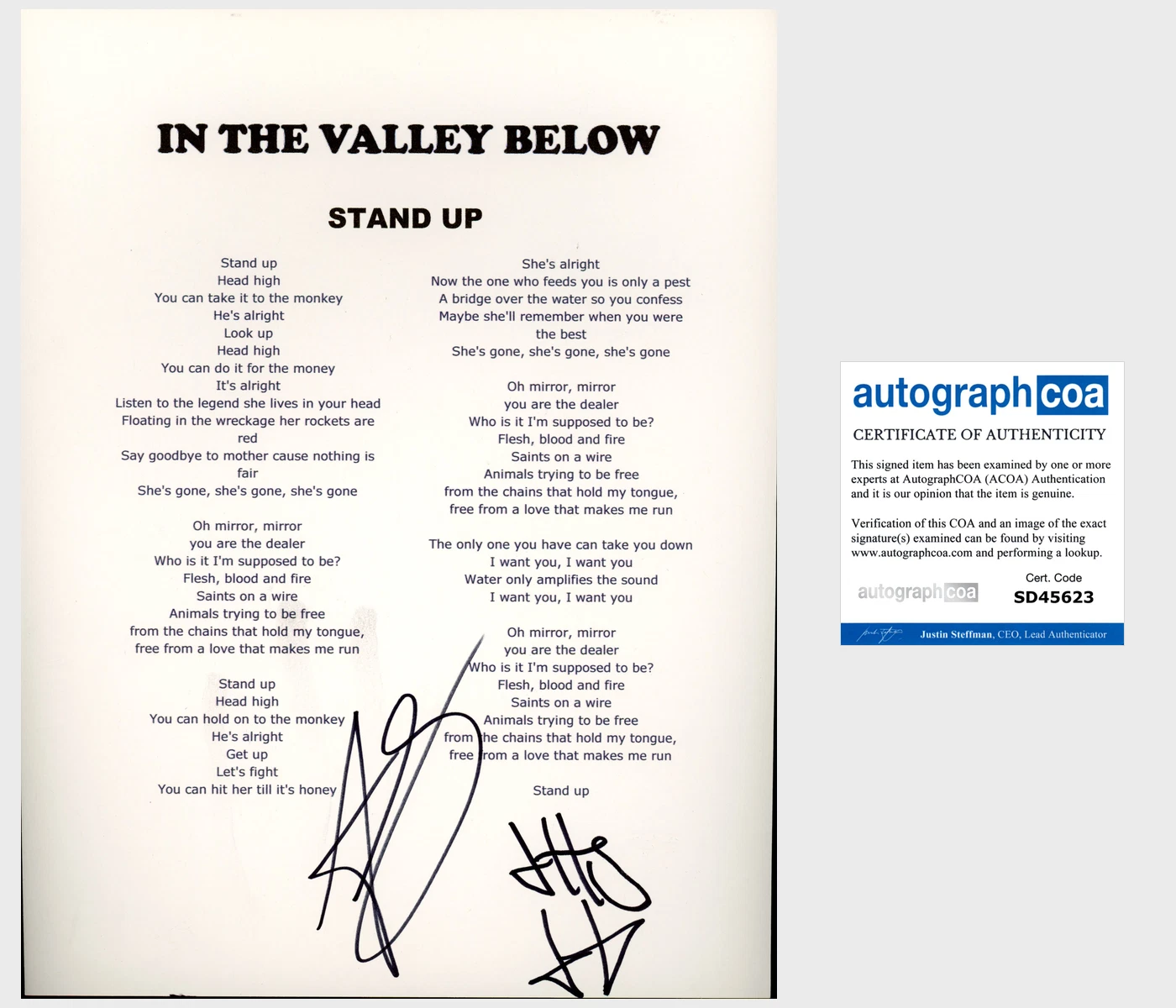 IN THE VALLEY BELOW BAND SIGNED AUTOGRAPH STAND UP LYRICS SHEET w/PROOF
