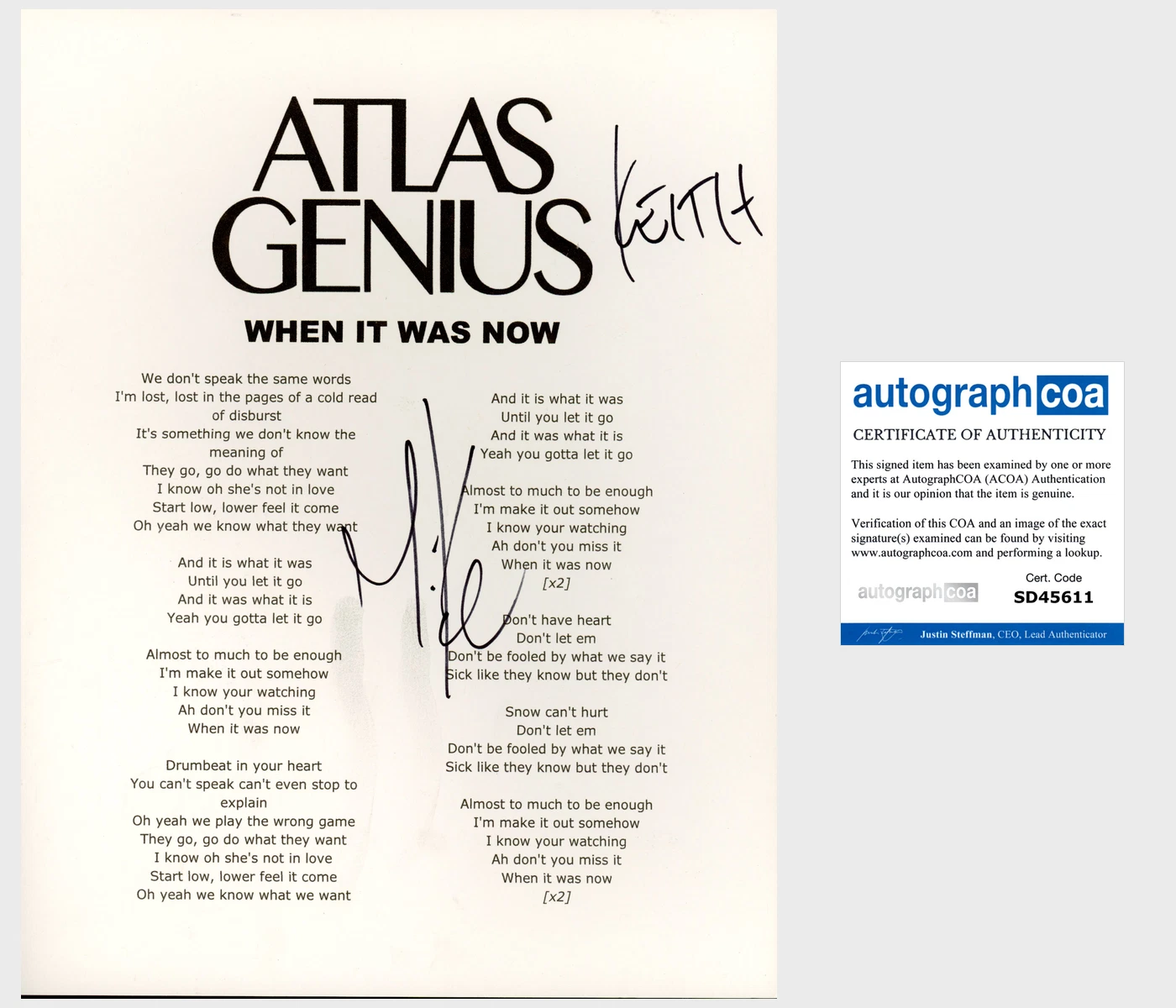 ATLAS GENIUS SIGNED AUTOGRAPH WHEN IT WAS NOW LYRICS SHEET w/PROOF KEITH MICHAEL
