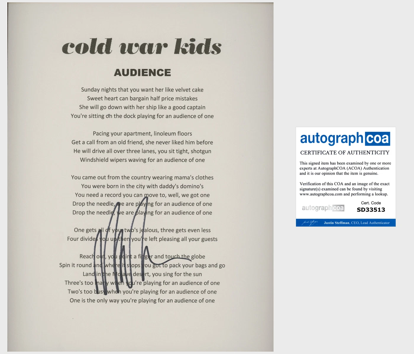 NATHAN WILLETT SIGNED AUTOGRAPH COLD WAR KIDS AUDIENCE LYRICS SHEET w/PROOF
