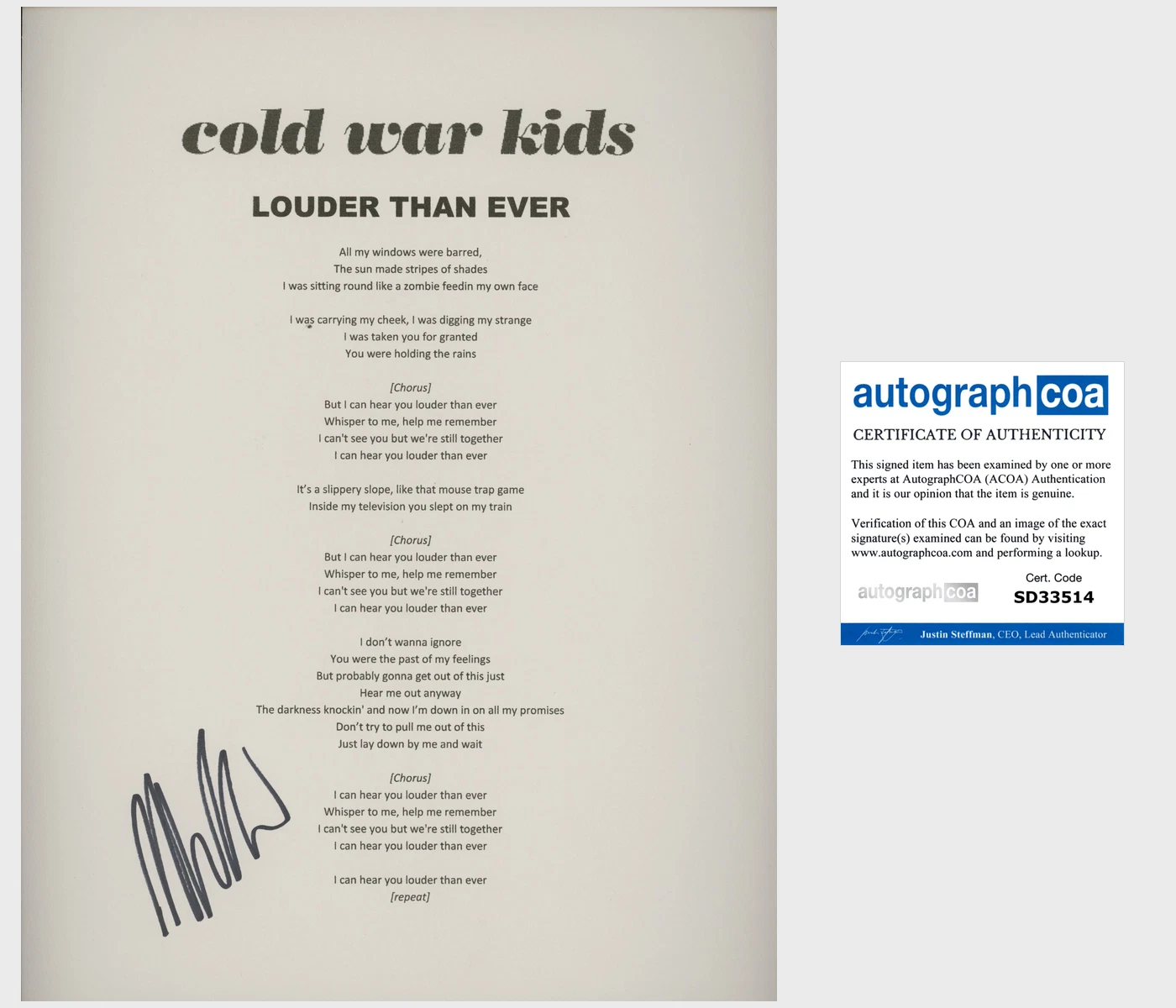 NATHAN WILLETT SIGNED COLD WAR KIDS LOUDER THAN EVER LYRICS SHEET w/PROOF
