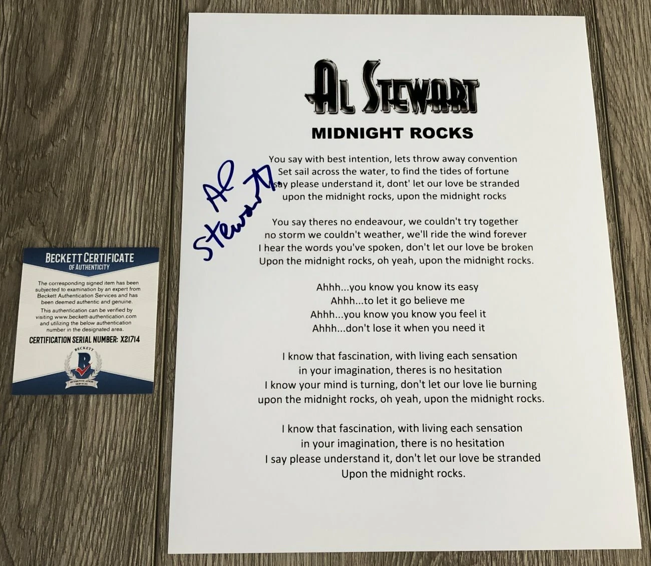 AL STEWART SIGNED AUTOGRAPH MIDNIGHT ROCKS LYRIC SHEET W/PROOF & BECKETT BAS COA COLLECTIBLE MEMORABILIA