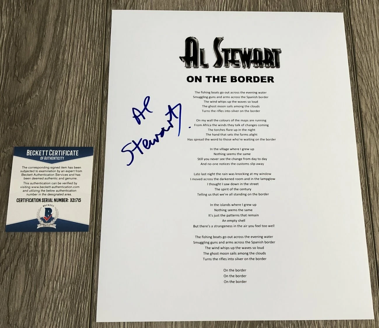 AL STEWART SIGNED AUTOGRAPH ON THE BORDER LYRICS SHEET w/PROOF & BECKETT BAS COA
