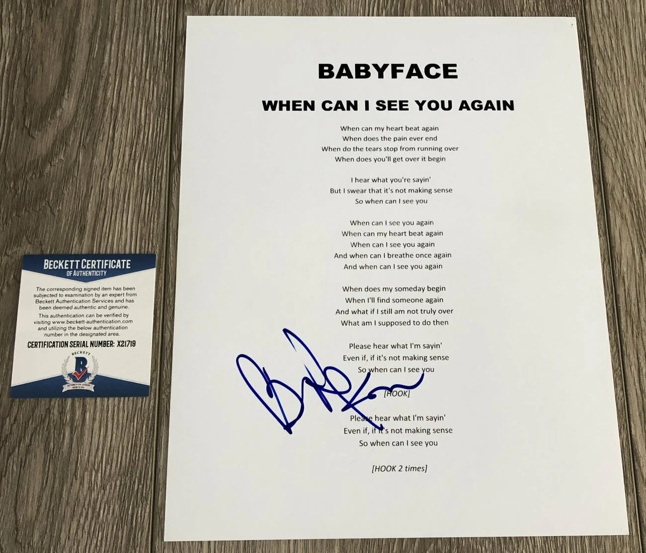 BABYFACE SIGNED WHEN CAN I SEE YOU AGAIN LYRIC SHEET W/PROOF & BECKETT BAS COA COLLECTIBLE MEMORABILIA