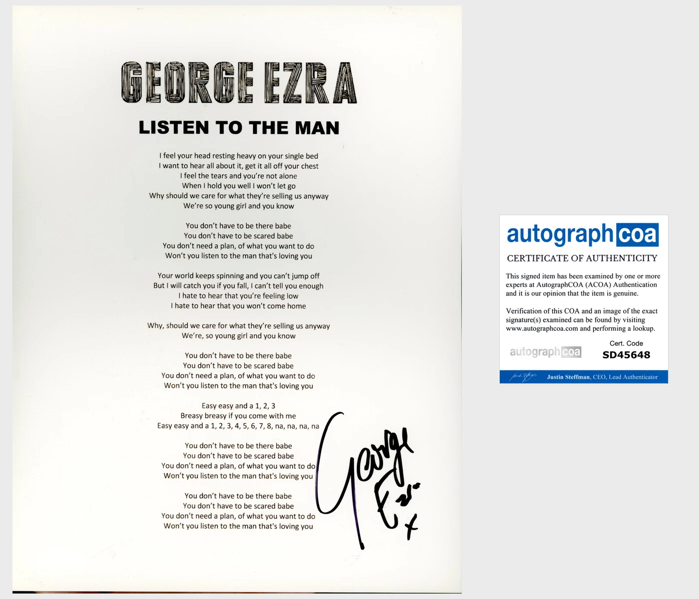 GEORGE EZRA SIGNED AUTOGRAPH LISTEN TO THE MAN LYRICS SHEET w/EXACT PROOF
