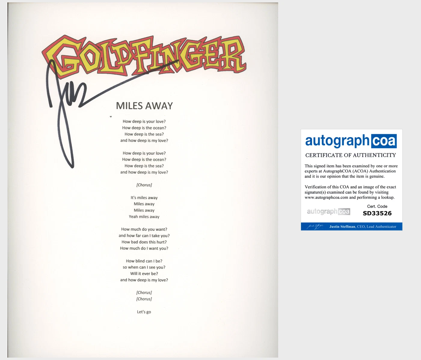 JOHN FELDMANN SIGNED AUTOGRAPH GOLDFINGER MILES AWAY LYRICS SHEET w/EXACT PROOF
