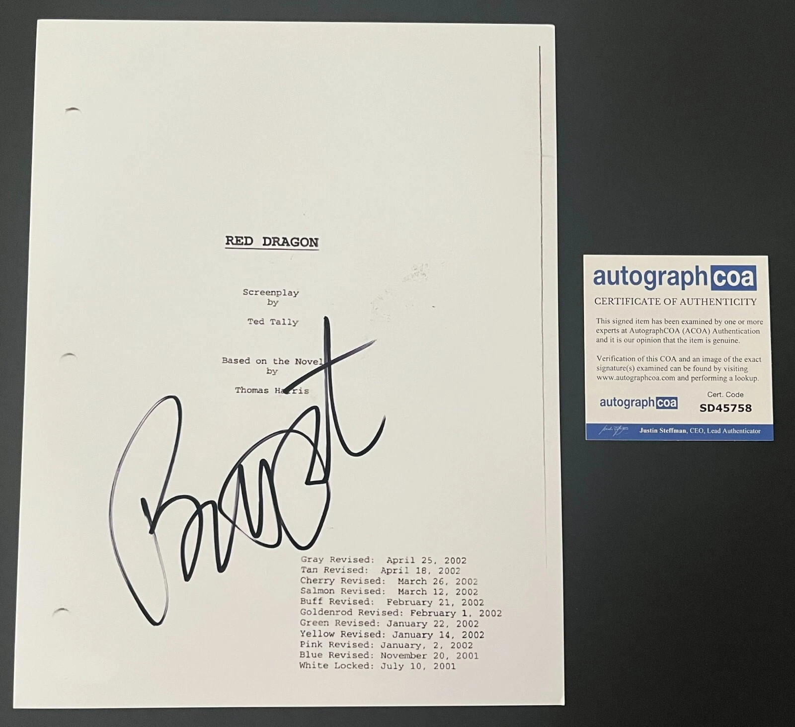 BRETT RATNER SIGNED AUTOGRAPH RED DRAGON FULL 162 PAGE SCRIPT w/EXACT PROOF
