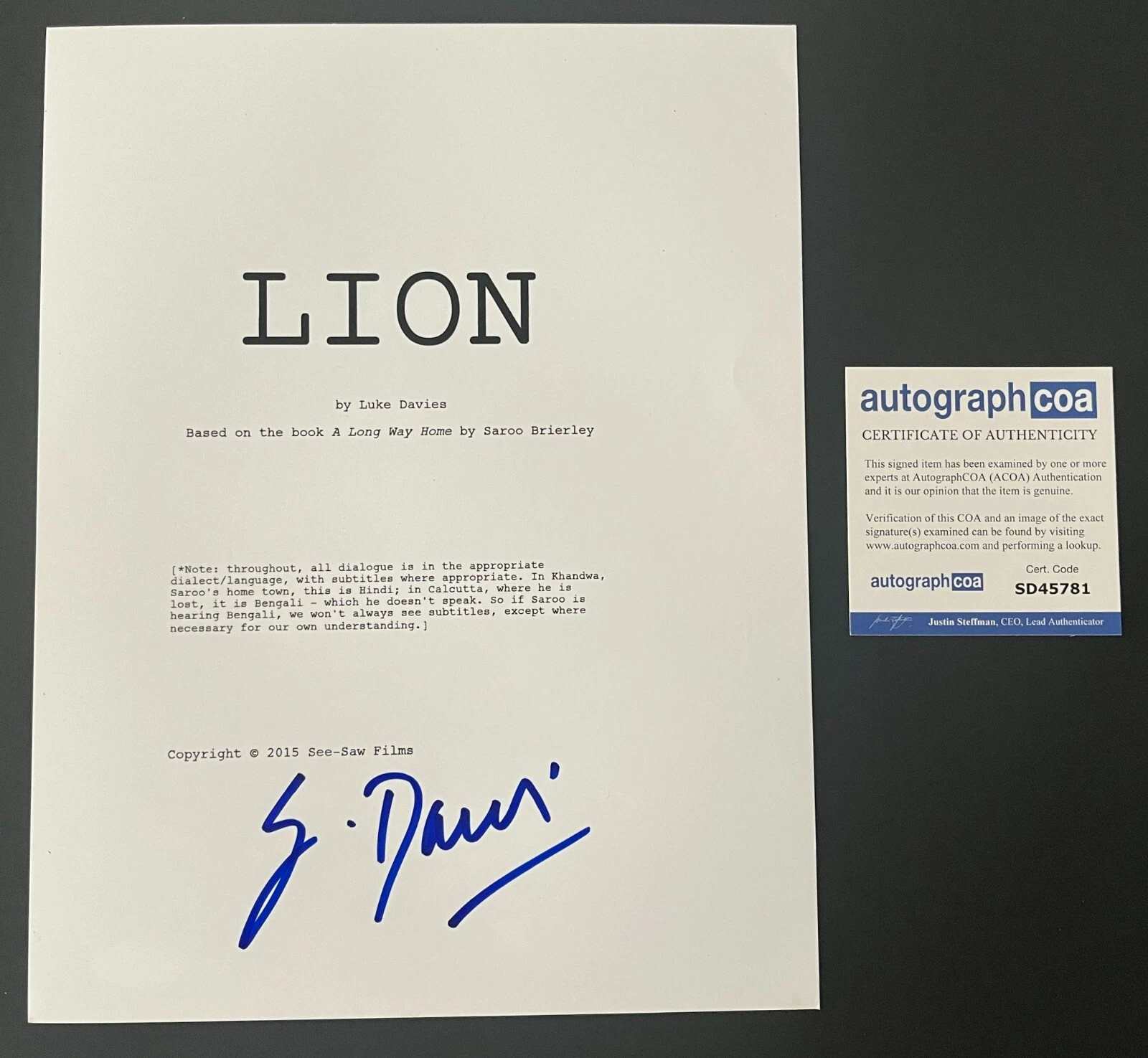 GARTH DAVIS SIGNED AUTOGRAPH LION FULL 112 PAGE SCRIPT w/EXACT PROOF

